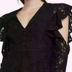 BCBGMAXAZRIA Black Floral V Top with Ruffle Shoulders and Long Sleeves (NEW)